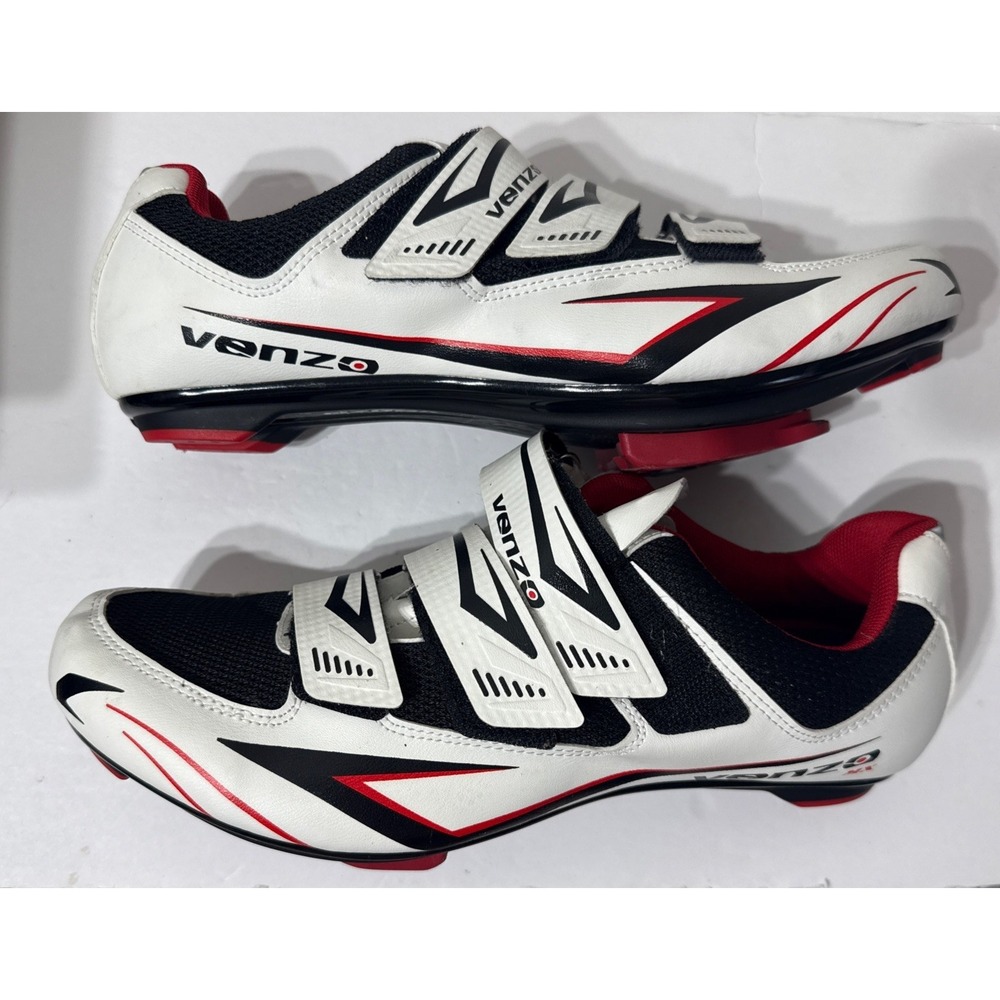 Venzo Road Cycling Shoes White Red Black US 11 Womens‎ 9.5 Men  w/ Cleats 3-Bolt